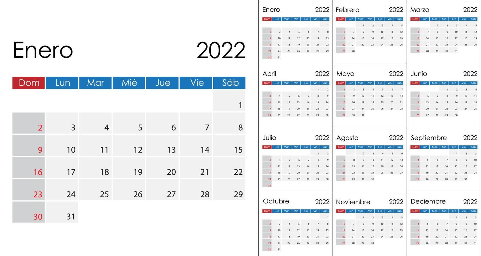 gemakkelijk kalender 2022 Aan Spaans taal, week begin Aan zondag. vector