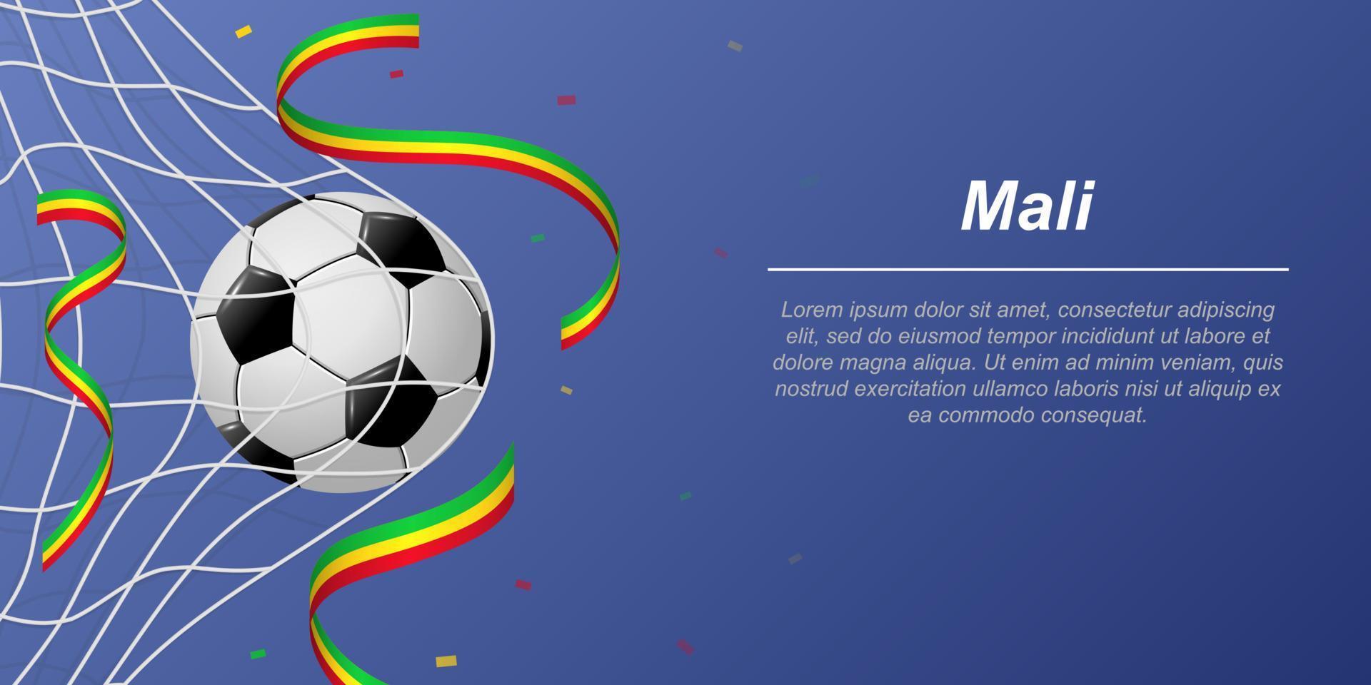 voetbal achtergrond met vliegend linten in kleuren van de vlag van Mali vector
