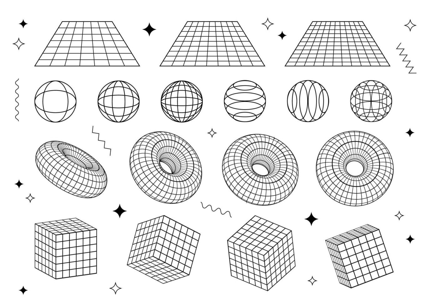 reeks van zwart lijn grafisch elementen, veelhoekige modellen van meetkundig vormen, wireframe vector modellen.