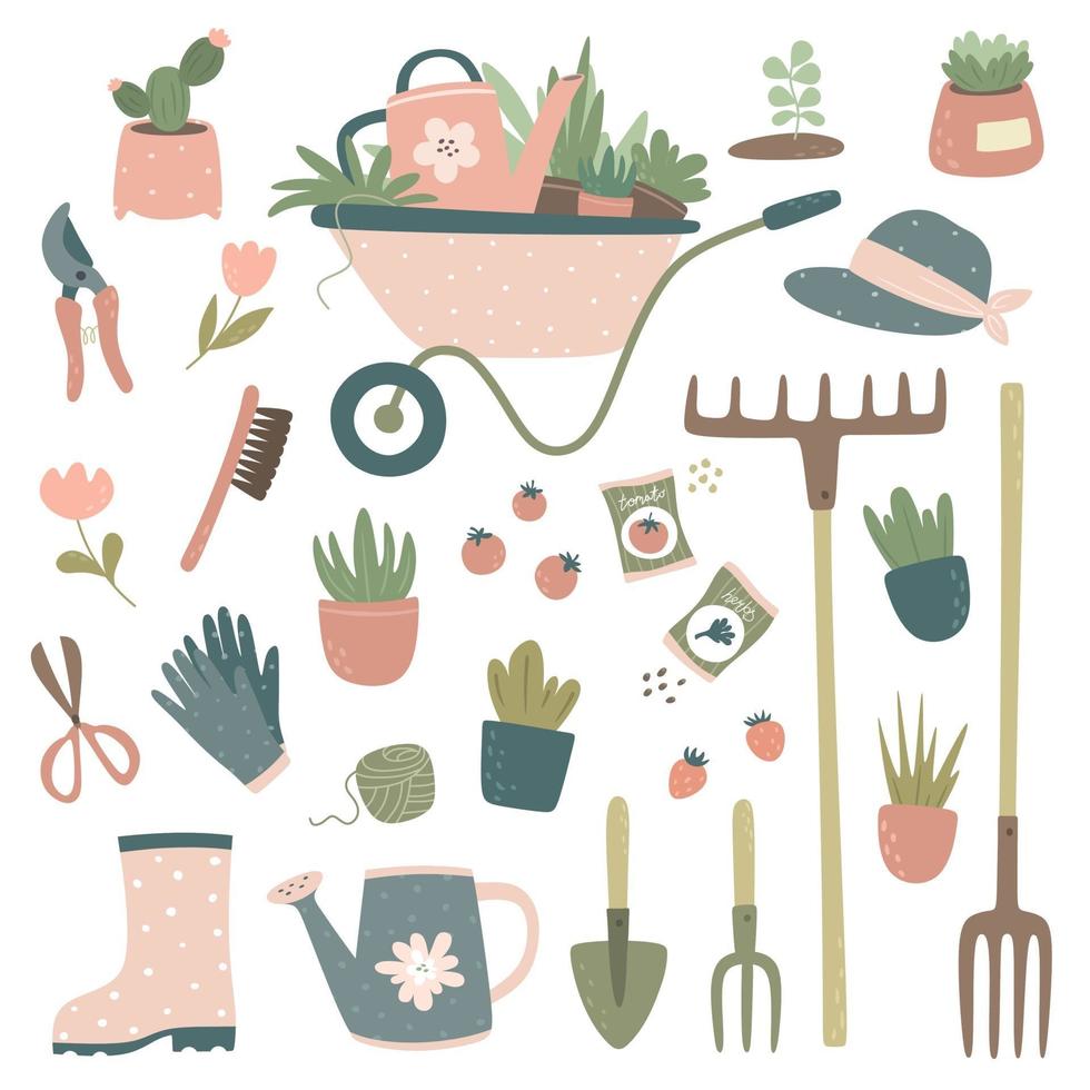verzameling tuingereedschap en -artikelen, kar, gieter, hooivork, hark, bloemen in potten, tuinhandschoenen, snoeischaar, schaar, zaden. tuinieren ontwerp. vector