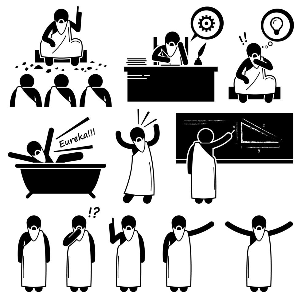 oude Griekse filosoof wetenschapper oude man stok figuur pictogram pictogrammen. vector