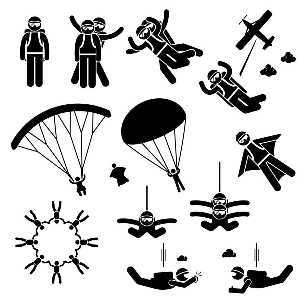 parachutespringen skydives skydiver parachute wingsuit vrije val vrije vlieg stok figuur pictogram pictogrammen. vector