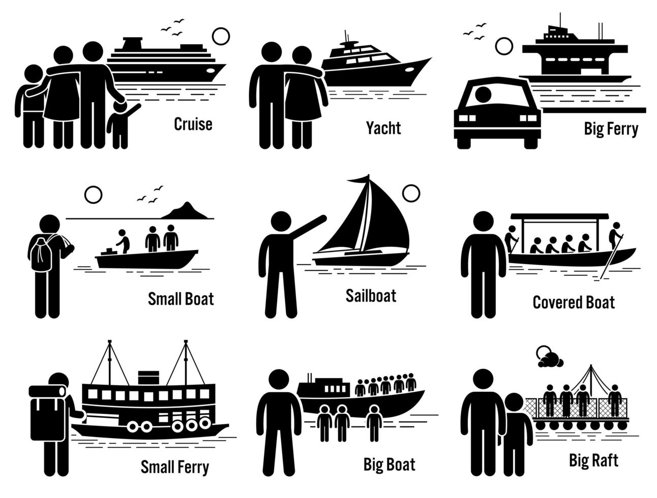 water zeetransportvoertuigen en mensen ingesteld. vector