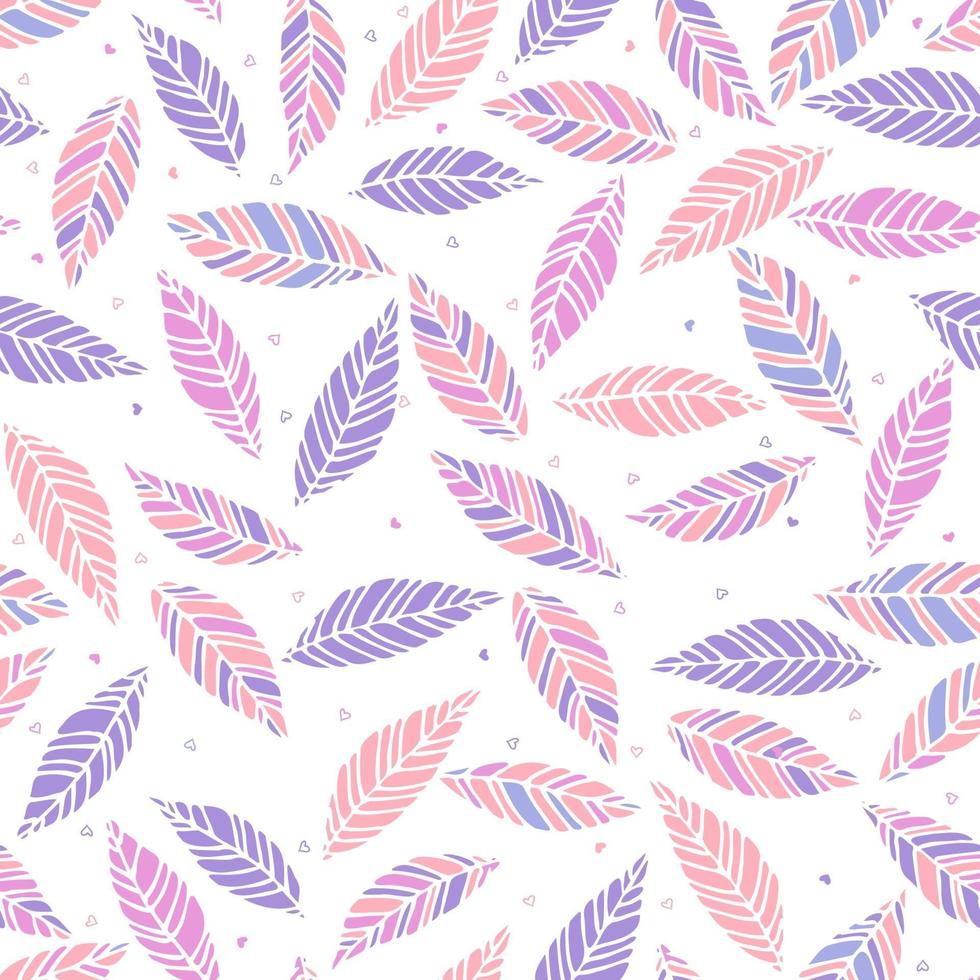 vectorillustratie van roze en lila bladeren naadloze patroon. hand getrokken blad en hartentextuur. element ontwerp. vector