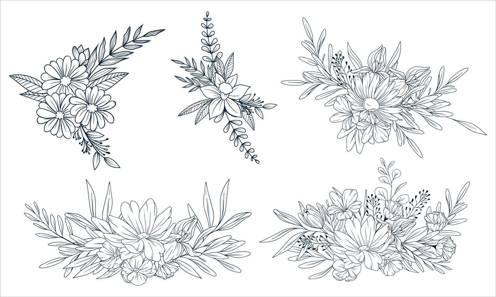 vector bloem hand- getrokken boeketten. groot bundel van bloemen kozijnen. lineair stijl reeks van hand- getrokken contour illustratie van bloemen geïsoleerd Aan een wit achtergrond.