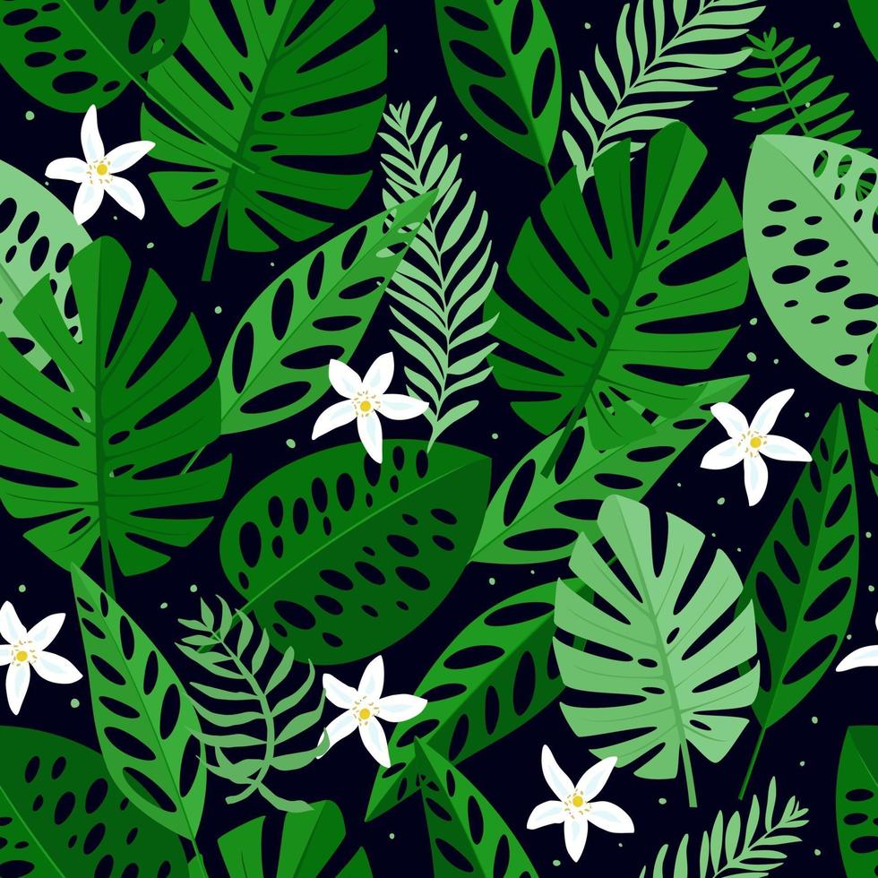 naadloze patroon met witte bloemen en bladeren. hand getrokken, vector, heldere kleuren. achtergrond voor prints, stof, wallpapers, inpakpapier. vector