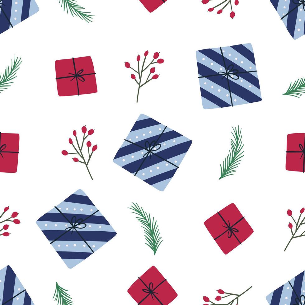 Kerstmis naadloos patroon met hand- getrokken vakantie elementen, vlak vector illustratie Aan wit achtergrond. schattig winter vakantie patroon. Super goed voor geschenk doos omhulsel papier.