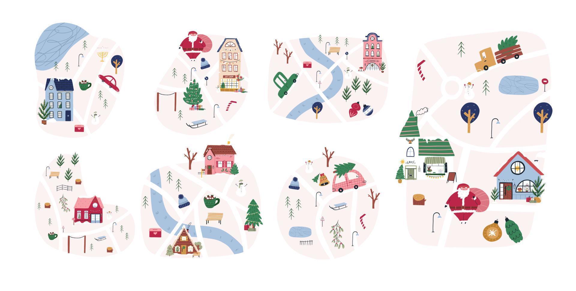 schattig winter kaart set, hand- getrokken stad of stad- - tekenfilm vlak vector illustratie geïsoleerd Aan wit achtergrond. kinderachtig kaarten met wegen, huizen, bomen en Kerstmis decoraties.