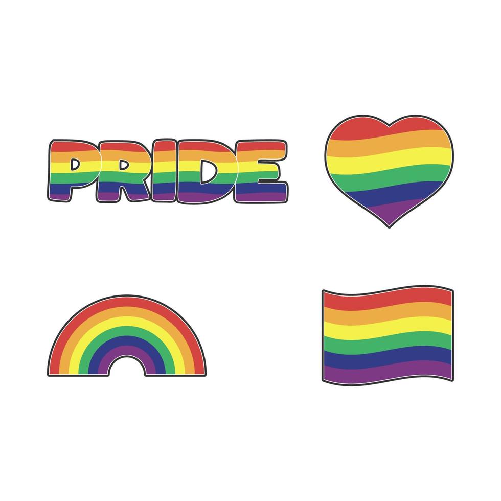 reeks van lgbtq gemeenschap stickers met vlag, ster en hart vormen met regenboog kleuren. trots maand symbolen en slogan. homo optocht pictogrammen. vector