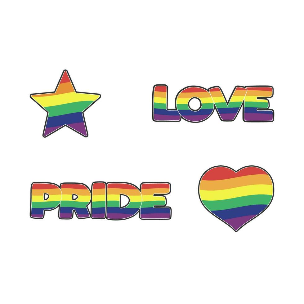 reeks van lgbtq gemeenschap stickers met vlag, ster en hart vormen met regenboog kleuren. trots maand symbolen en slogan. homo optocht pictogrammen. vector