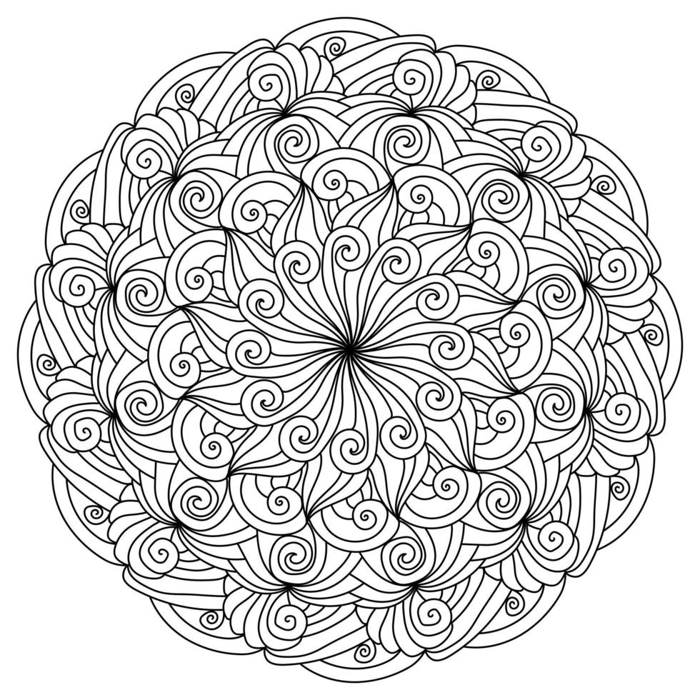 abstract mandala met krullen en gestreept motieven, meditatief kleur bladzijde met gekruld lijnen vector