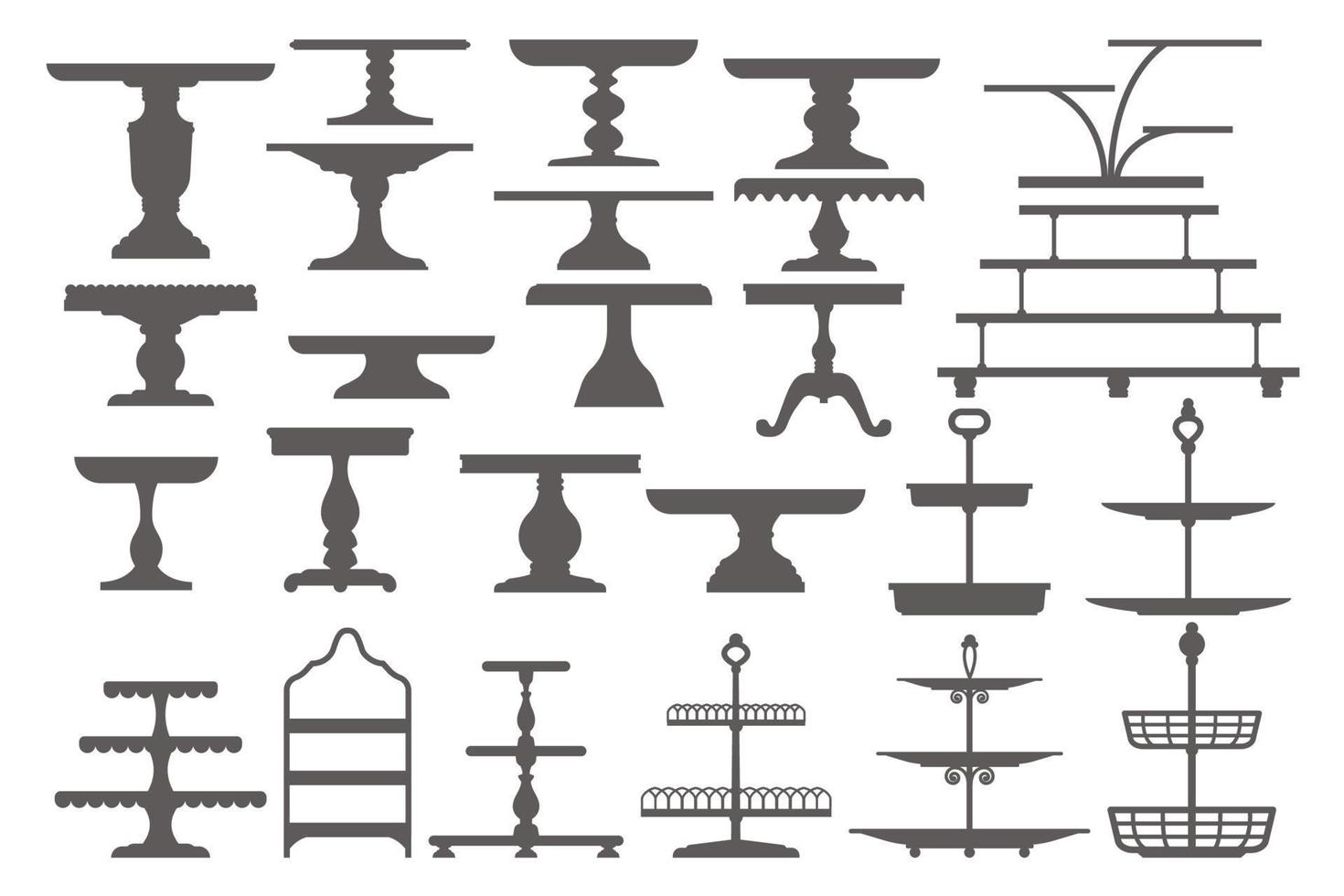 taart staat in vlak icoon stijl. leeg dienbladen voor fruit en desserts. vector silhouetten