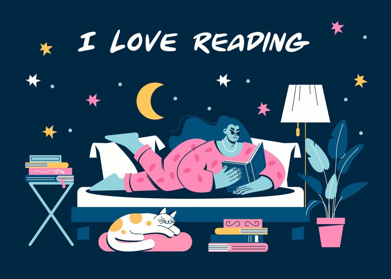 de meisje leugens en leest voordat gaan naar bed. een vrouw met een boek in de slaapkamer. nacht kamer, interieur en kat vector