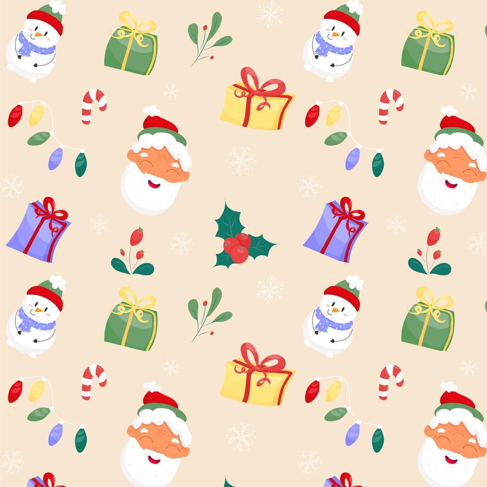 Kerstmis patroon met vrolijk de kerstman claus, cadeaus en sneeuwman vector