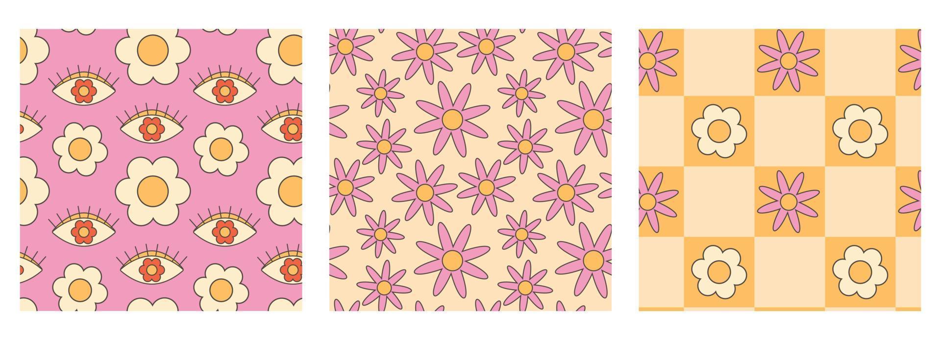 retro groovy hippie naadloos patroon set. naadloos abstract meetkundig patroon. bloemen achtergrond. vector