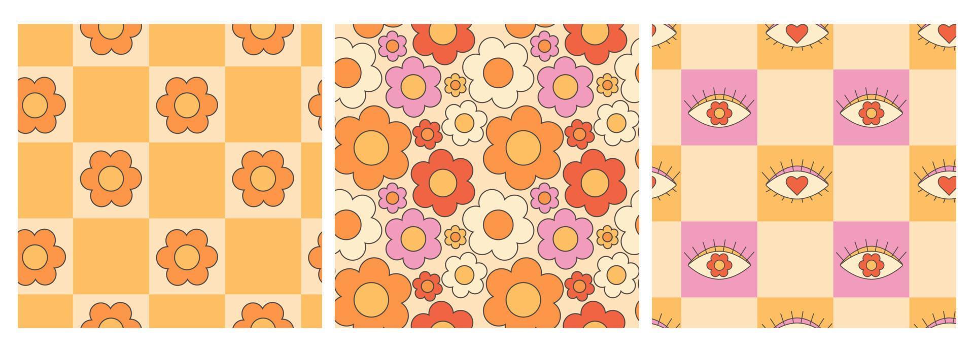 retro groovy hippie naadloos patroon set. naadloos abstract meetkundig patroon. abstract bloemen achtergrond. vector