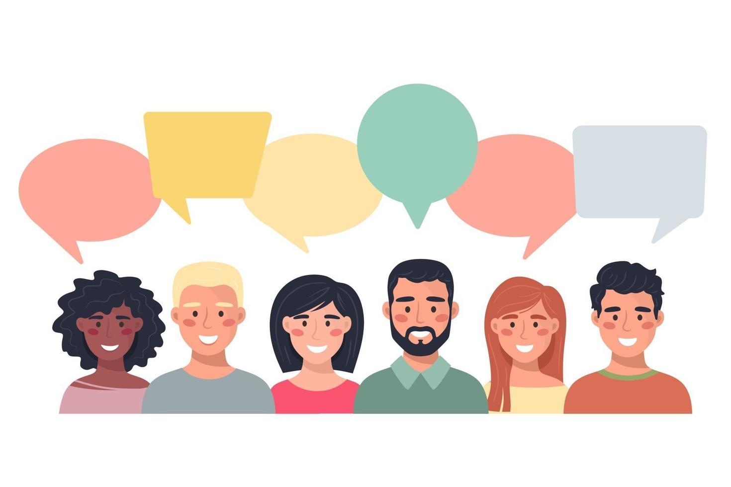 avatars van mensen met tekstballonnen. communicatie van mannen en vrouwen, pratende illustratie. team, conferentie, werk, feedback. vectorillustratie in vlakke stijl. vector