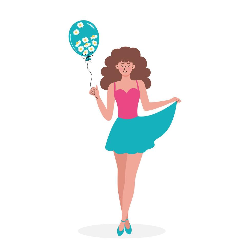 mooi jong vrouw Holding een ballon vol van madeliefjes. viering, partij, verjaardag, verjaardag, vakantie, evenement, datum concept. vector