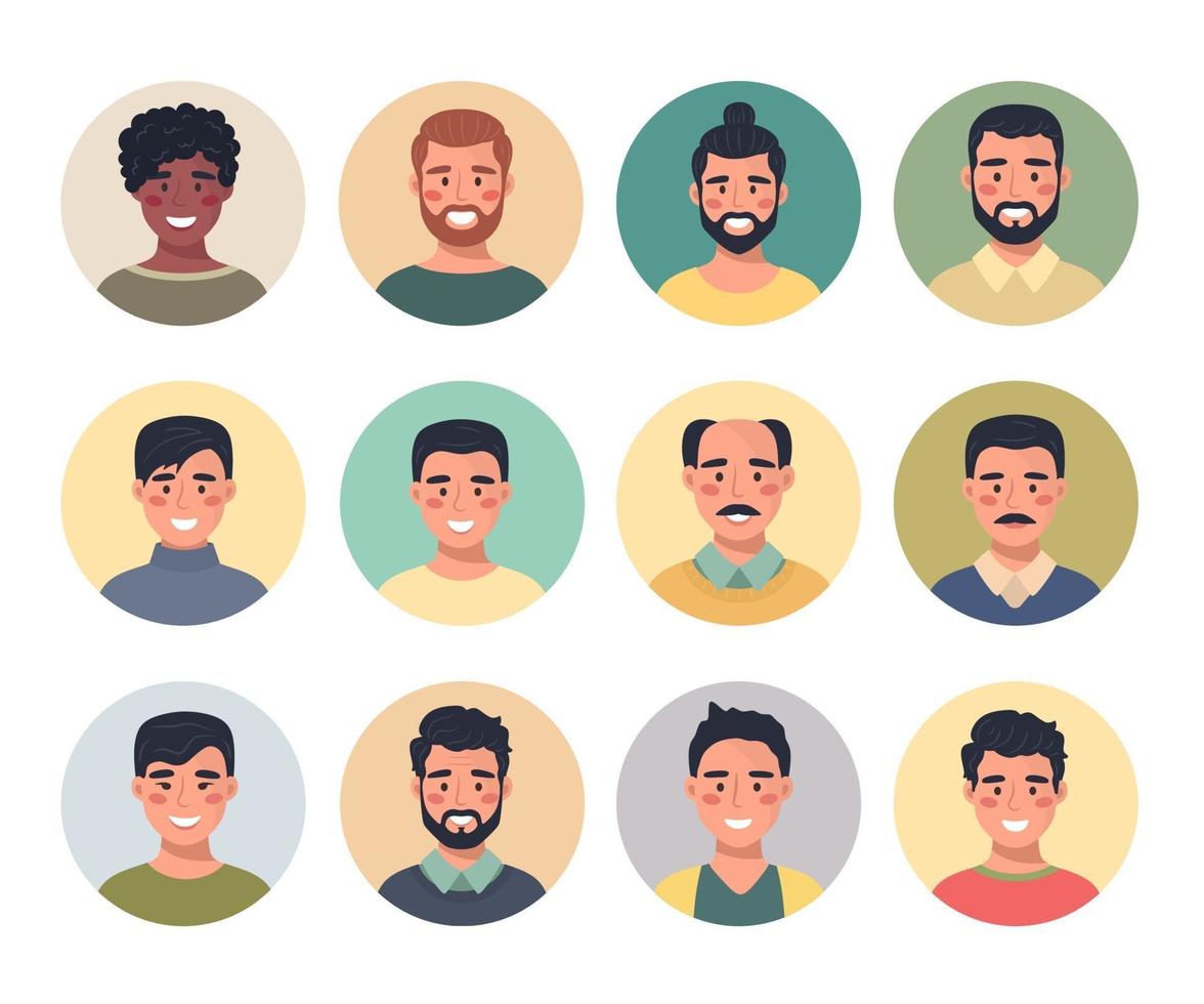 verzameling mannelijke avatarsportretten in een rond pictogram, communicatie, mensen, web, feedback, chat. vectorillustratie in een vlakke stijl. vector
