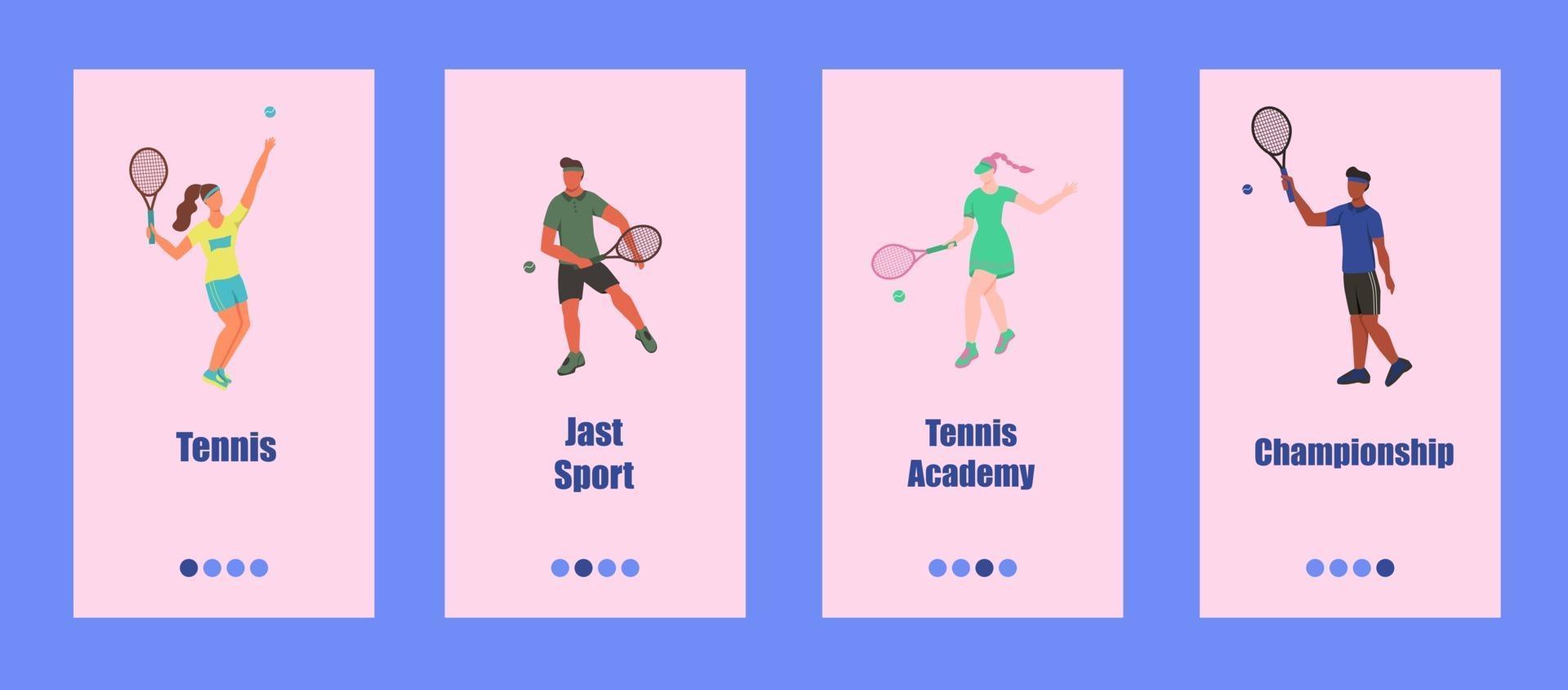 tennis mobiele app-sjabloon. jongeren spelen tennis. concept van een tennisschool, competitie of kampioenschap. platte vectorillustratie. vector