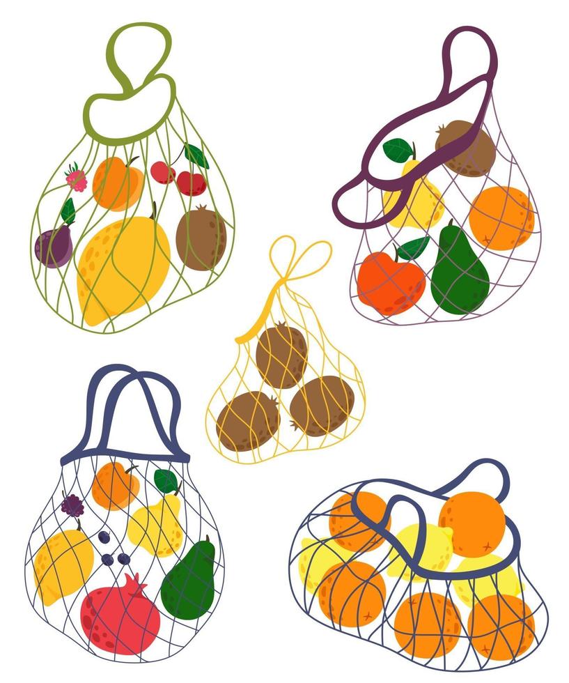 collectie touwzakken met fruit. hand getekend concept van eco-shopping, eco-shopping, fruit-shopping. vector illustratie.