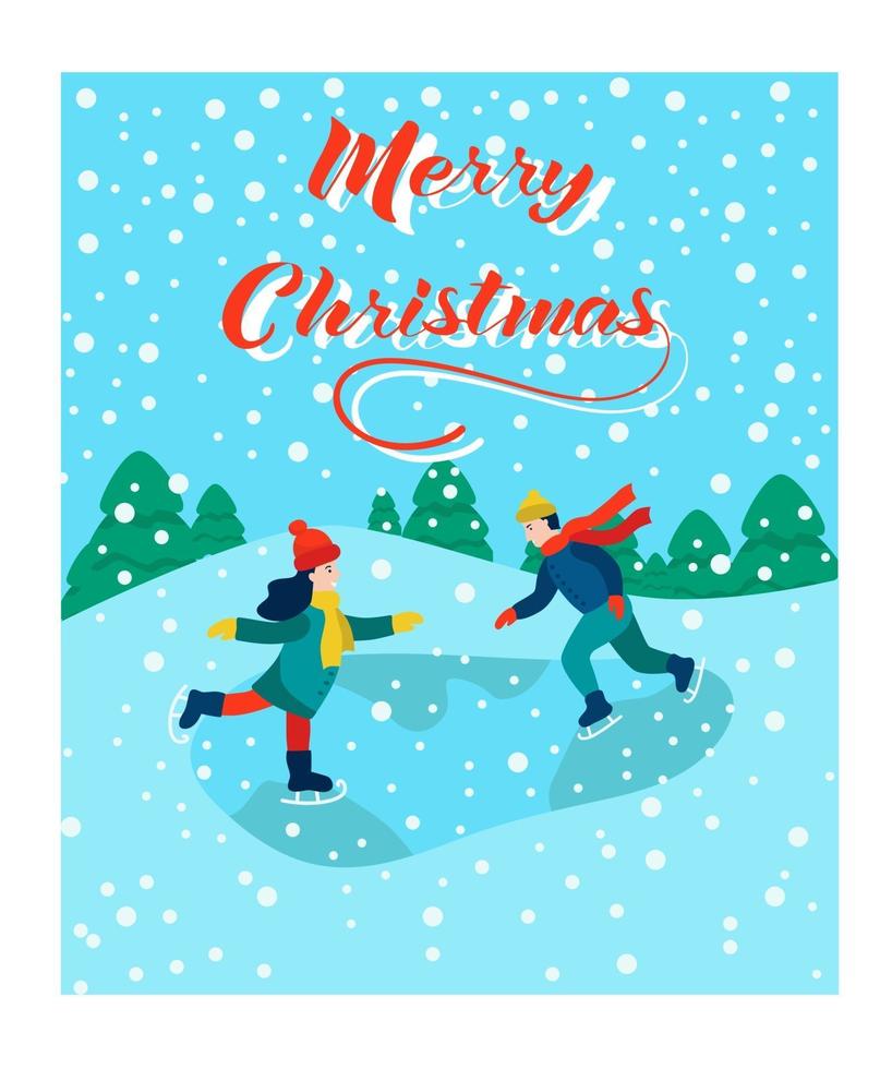 kerstkaart. kinderen zijn aan het schaatsen. belettering vrolijk kerstfeest. vector illustratie. spandoek, poster, sjabloon.