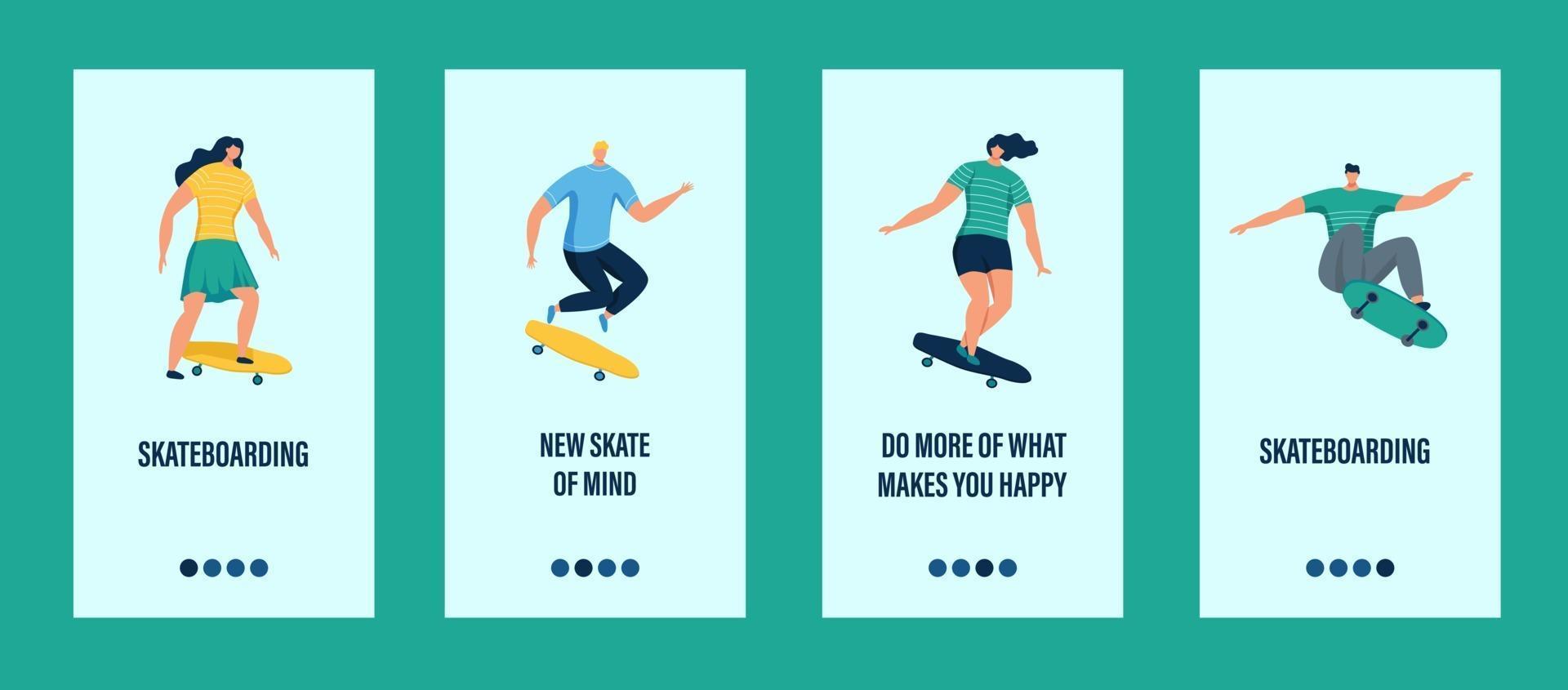 jongeren rijden op een skateboard mobiele app-sjabloon vector