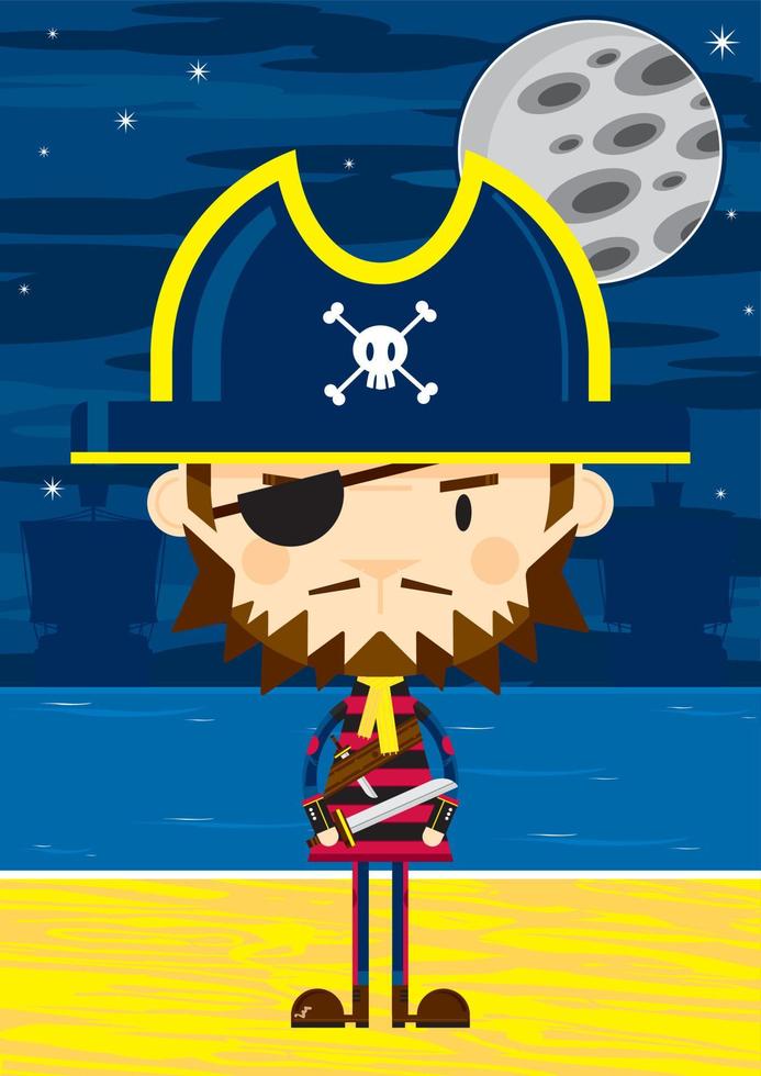 schattig tekenfilm roekeloos ooglapje piraat gezagvoerder met zwaard Aan de strand door maanlicht vector