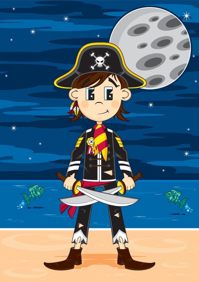schattig tekenfilm roekeloos piraat gezagvoerder met Zwaarden Aan de strand door maanlicht vector