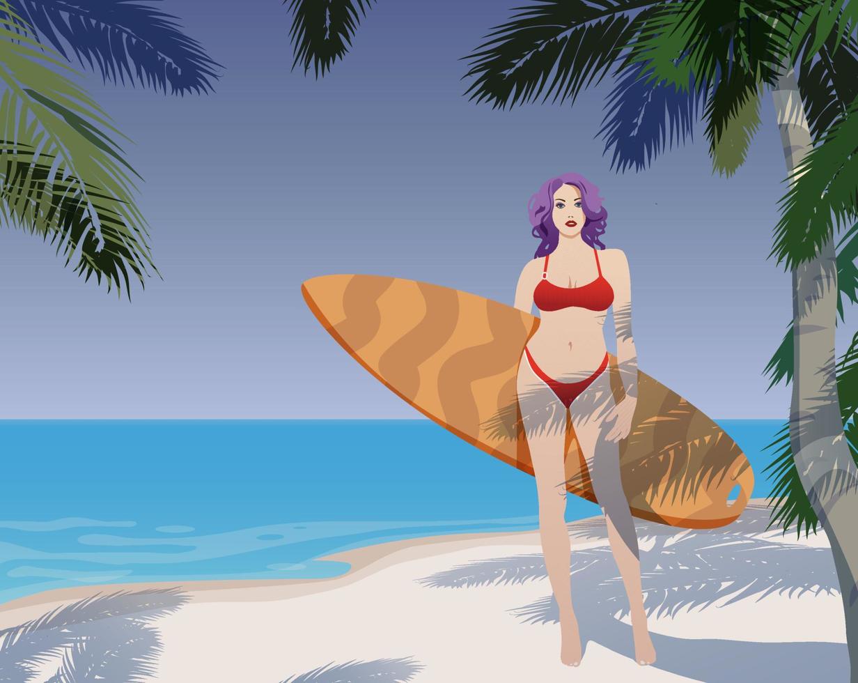meisje met een surfboard Aan de strand. vector. vector