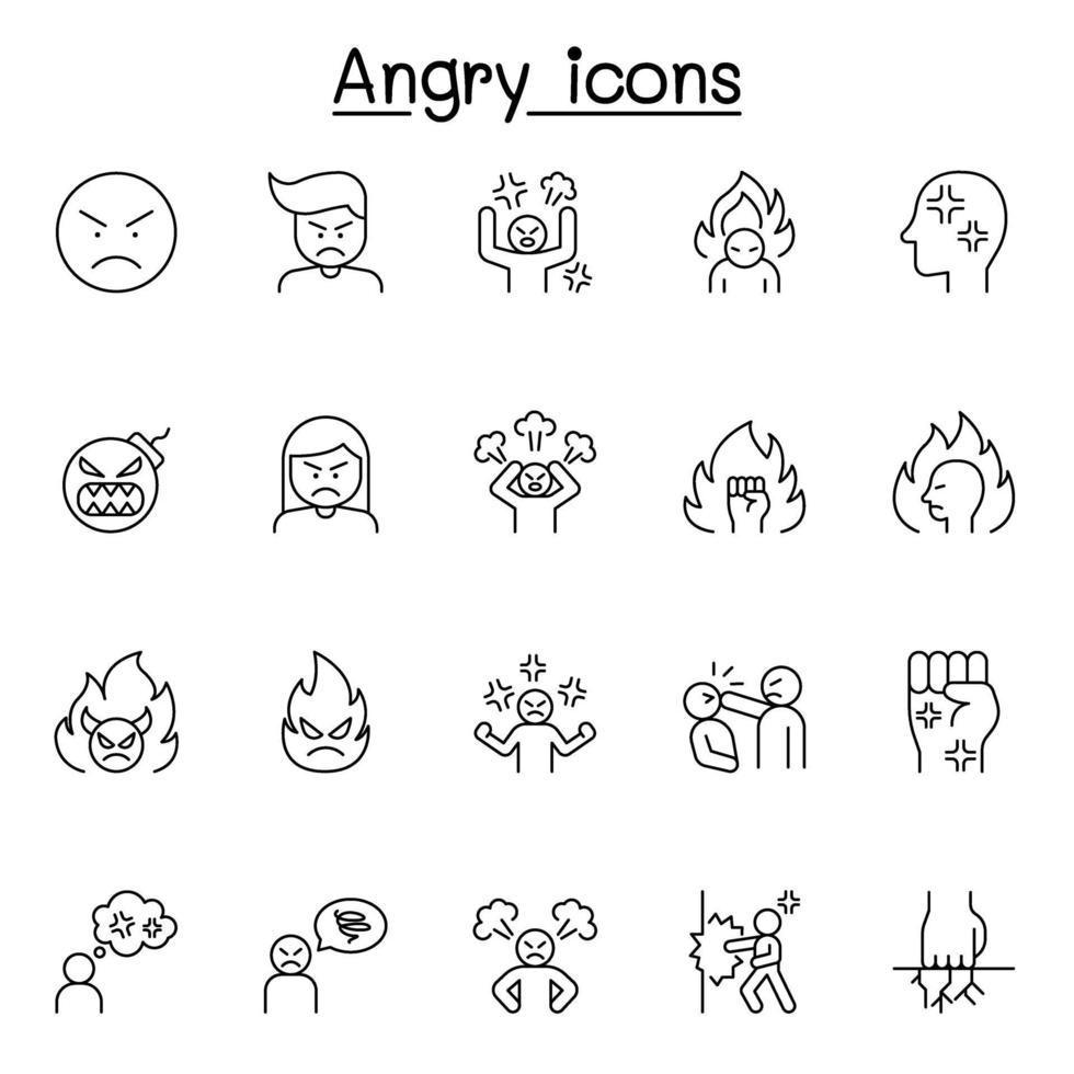 set van boos gerelateerde vector lijn iconen. bevat pictogrammen als gek, gek, geweld, agressief, boksen, slaan, stoten en meer