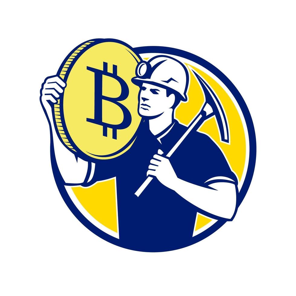 cryptocurrency mijnwerker bitcoin cirkel retro ontwerp vector