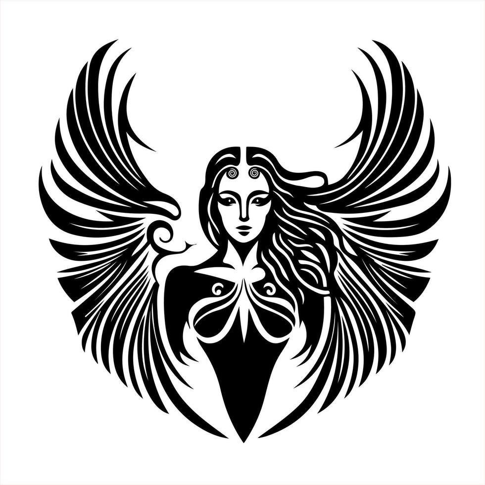 mooi vrouw met engel Vleugels portret. sier- ontwerp voor tatoeëren, logo, teken, embleem, t-shirt, borduurwerk, bouwen, sublimatie. vector