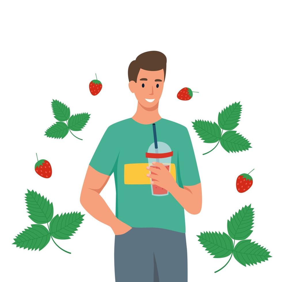 jonge man drinkt aardbeien smoothie. het concept van goede voeding en een gezonde levensstijl. platte cartoon vectorillustratie geïsoleerd op een witte achtergrond. vector