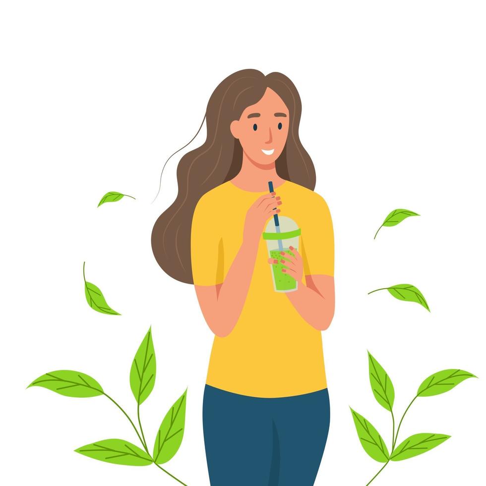 een jonge vrouw drinkt matcha-thee of smoothies. het concept van goede voeding en een gezonde levensstijl. platte cartoon vectorillustratie geïsoleerd op een witte achtergrond. vector