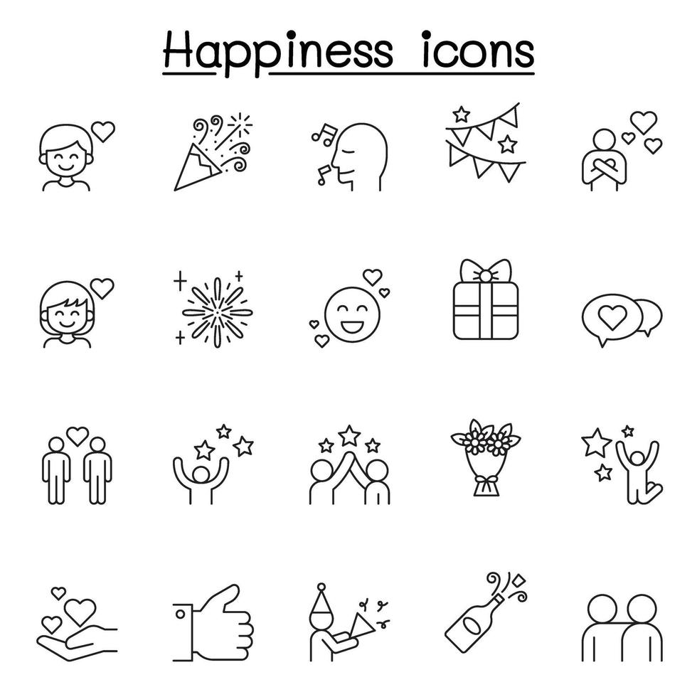 set van gelukkig gerelateerde vector lijn iconen. bevat pictogrammen zoals glimlach, feest, gejuich, feest, plezier, genieten, springen, vuurwerk, bloem, tevredenheid, hart, ster en meer