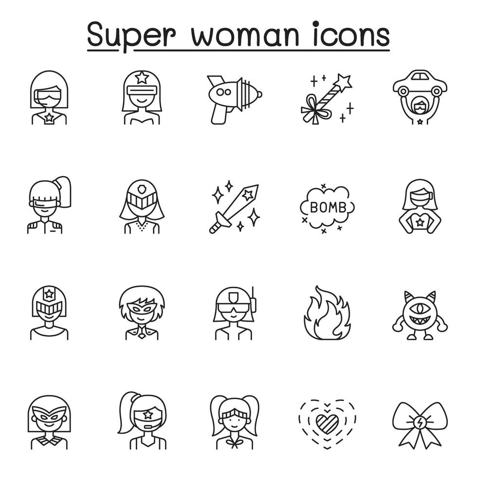 set van super vrouw gerelateerde vector lijn iconen. bevat pictogrammen als masker, kostuum, kracht, actie, wapen, monster, toverstaf, zwaard en meer.