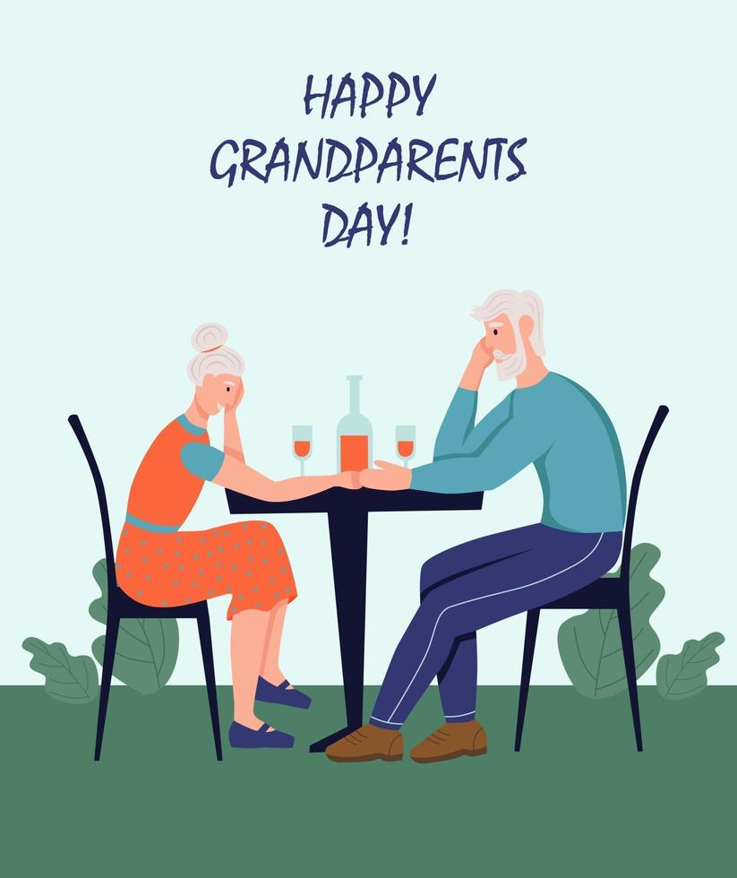 gelukkige grootouders dag wenskaart. een bejaarde echtpaar zit in een café. vrolijke grootmoeder en grootvader stripfiguren. dag van de ouderen. platte vectorillustratie. vector
