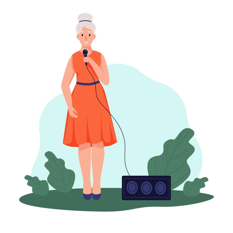 een oudere vrouw zingt in het park. het concept van actieve ouderdom. dag van de ouderen. platte cartoon vectorillustratie. vector