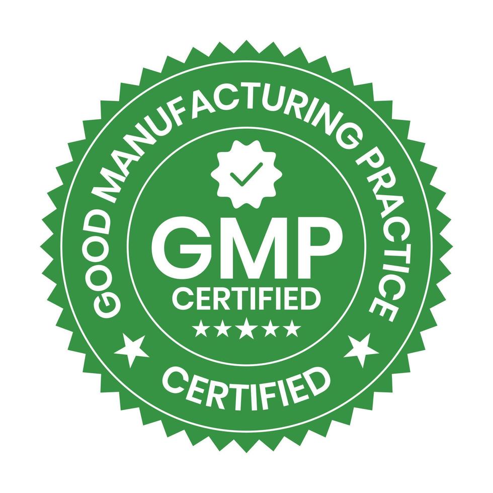 gmp gecertificeerd of mooi zo fabricage praktijk gecertificeerd insigne, stempel, icoon, zegel, label, label, embleem voor cbd etiket olie en verpakking ontwerp vector illustratie