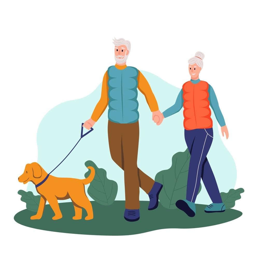 bejaarde echtpaar wandelen met hun hond in het park. het concept van actieve ouderdom. dag van de ouderen. platte cartoon vectorillustratie. vector