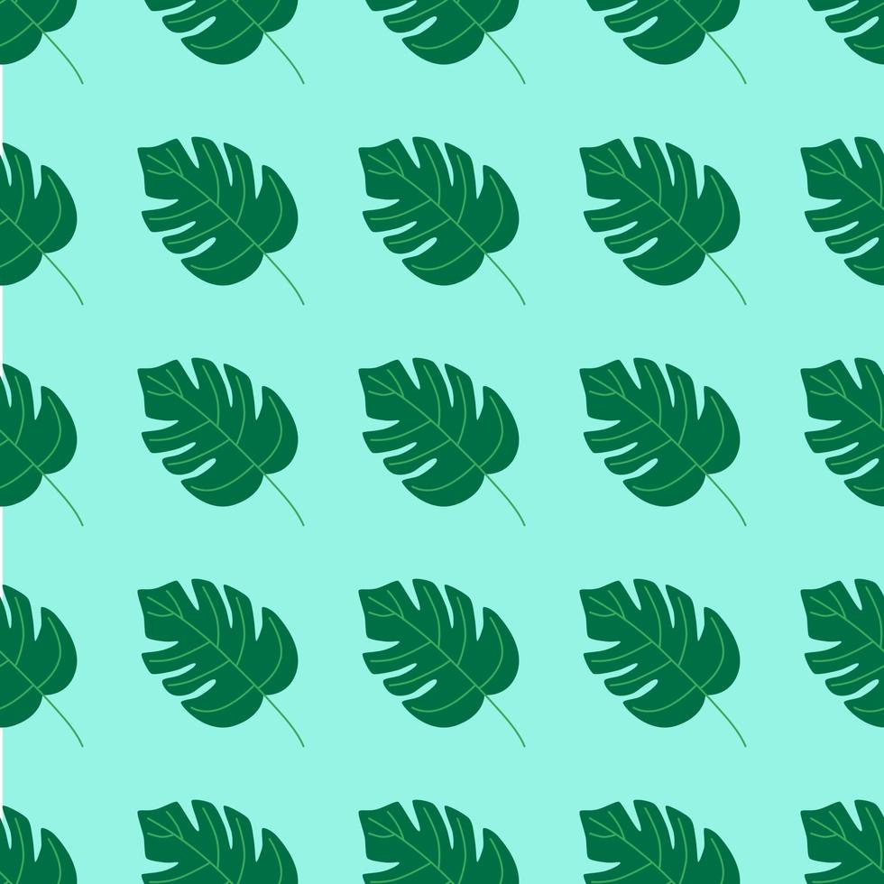 naadloze zomer patroon, monstera bladeren op een turkooizen achtergrond. platte vectorillustratie vector