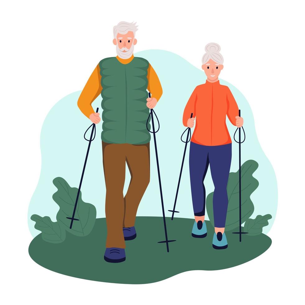 een bejaarde echtpaar wandelen met stokken in het park. het concept van nordic walking, actief ouder worden, sport. platte cartoon vectorillustratie. vector