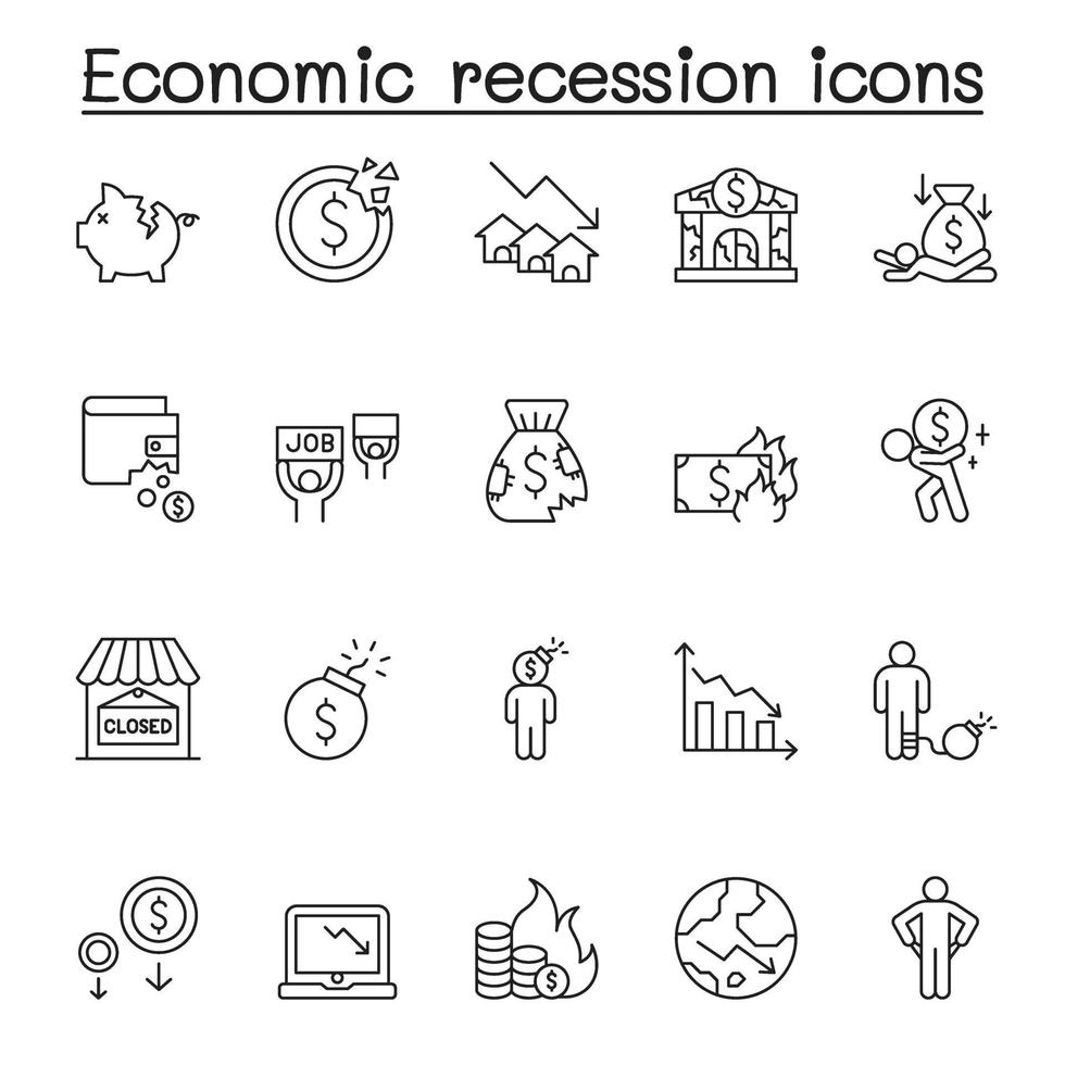 economische recessie pictogrammenset in dunne lijnstijl vector