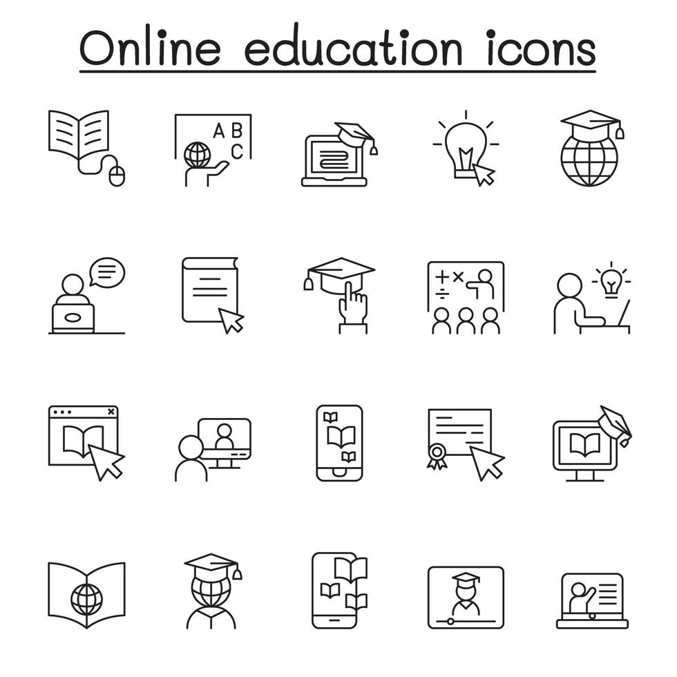 online onderwijs pictogrammenset in dunne lijnstijl vector