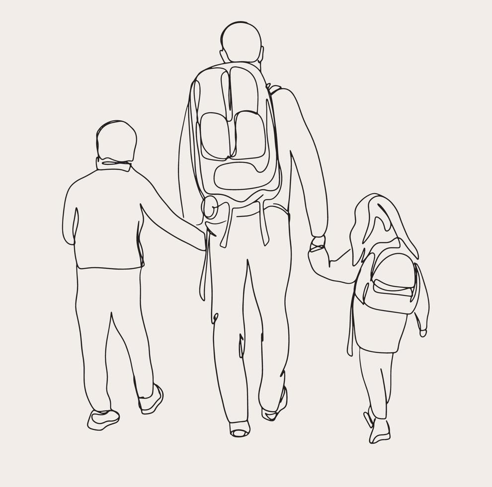 minimalistische wandelen lijn kunst, vrienden sport, schets tekening, wandelaar schetsen, familie, vader met kinderen, kinderen moeder vector