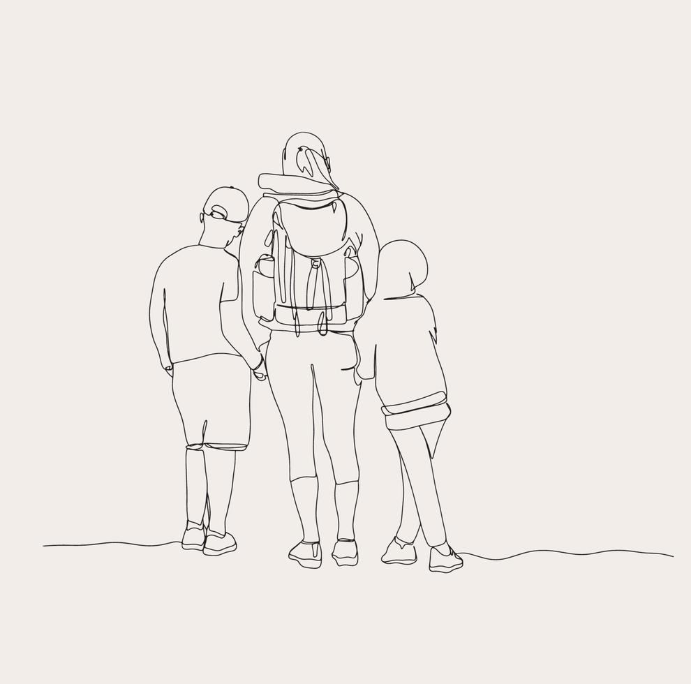 minimalistische wandelen lijn kunst, vrienden sport, schets tekening, wandelaar schetsen, familie, mam met kinderen, kinderen moeder vector