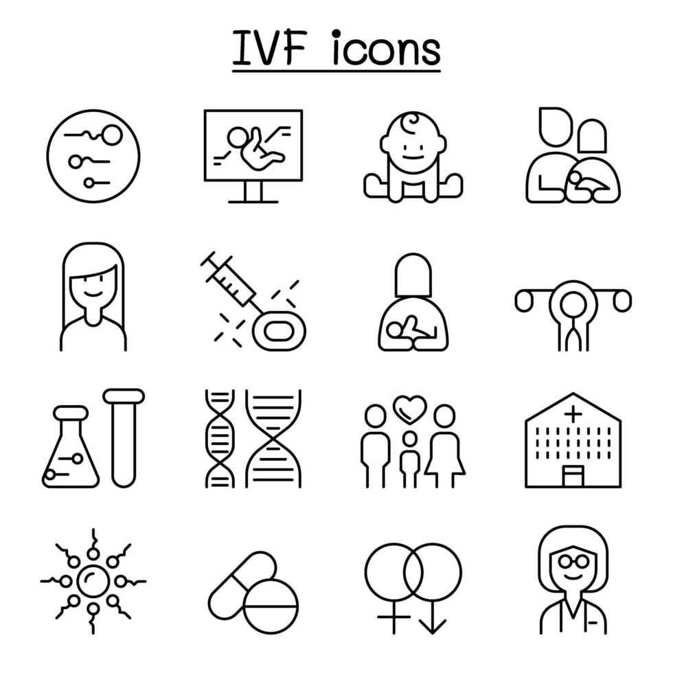 ivf, in-vitrofertilisatie pictogrammenset in dunne lijnstijl vector