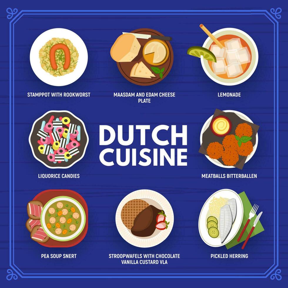 Nederlands keuken menu en voedsel, Nederland gerechten vector