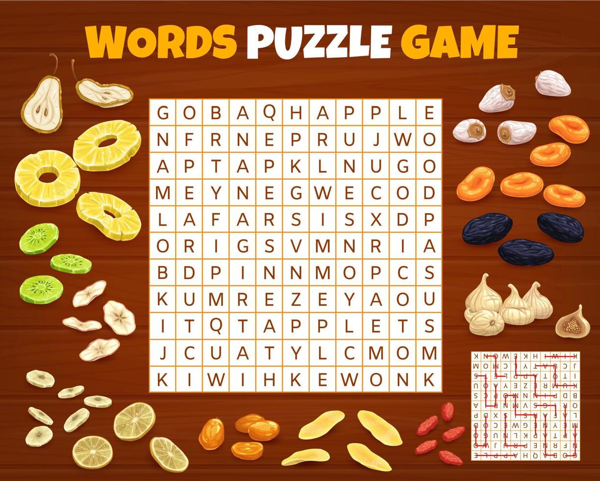 droog fruit woord zoeken puzzel spel werkblad vector